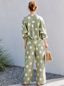 Women's Classic V-Neck Cotton Polka-Dot Long-Sleeve Top And Wide-Leg Pants Two-Piece Set ZMZ2466G1SWL