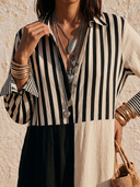 Women Linen Blend Color Block Striped Shirt Maxi Dress Collar Button Front Asymmetrical Split Vacation Long Tunic ZMZ2467G7YZH