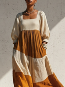 Women's Vintage Casual Square Neck And Lantern Sleeves Cotton-Linen Loose Maxi Dress ZMZ2496G3ZYY