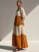 Women's Vintage Casual Square Neck And Lantern Sleeves Cotton-Linen Loose Maxi Dress ZMZ2496G3ZYY