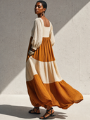 Women's Vintage Casual Square Neck And Lantern Sleeves Cotton-Linen Loose Maxi Dress ZMZ2496G3ZYY