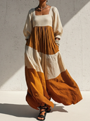 Women's Vintage Casual Square Neck And Lantern Sleeves Cotton-Linen Loose Maxi Dress ZMZ2496G3ZYY