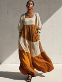 Women's Vintage Casual Square Neck And Lantern Sleeves Cotton-Linen Loose Maxi Dress ZMZ2496G3ZYY