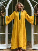 Women's Vacation Casual Cotton-Linen V-Neck Flare-Sleeve Loose Maxi Dress ZMZ2464G6ZYY