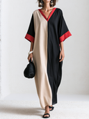 Women's French-style Elegant Cotton-linen Color-block V-neck Flared-sleeve Loose Maxi Dress ZMZ2485G6ZYY