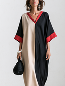 Women's French-style Elegant Cotton-linen Color-block V-neck Flared-sleeve Loose Maxi Dress ZMZ2485G6ZYY