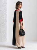 Women's French-style Elegant Cotton-linen Color-block V-neck Flared-sleeve Loose Maxi Dress ZMZ2485G6ZYY
