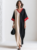 Women's French-style Elegant Cotton-linen Color-block V-neck Flared-sleeve Loose Maxi Dress ZMZ2485G6ZYY