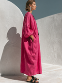 Women's Casual Vacation Style Round Neck And Lantern Sleeves Loose Cotton-Linen Maxi Dress ZMZ2495G3ZYY