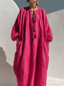 Women's Casual Vacation Style Round Neck And Lantern Sleeves Loose Cotton-Linen Maxi Dress ZMZ2495G3ZYY