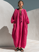 Women's Casual Vacation Style Round Neck And Lantern Sleeves Loose Cotton-Linen Maxi Dress ZMZ2495G3ZYY
