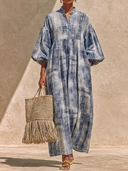 Women's French-style Elegant Henley Neck And Lantern Sleeves Cotton-linen Printed Loose Maxi Dress ZMZ2499G9ZYY