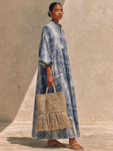 Women's French-style Elegant Henley Neck And Lantern Sleeves Cotton-linen Printed Loose Maxi Dress ZMZ2499G9ZYY