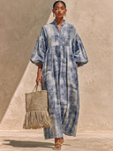 Women's French-style Elegant Henley Neck And Lantern Sleeves Cotton-linen Printed Loose Maxi Dress ZMZ2499G9ZYY