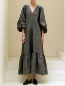 Women's French-style Minimalist Cotton-linen V-neck Lantern-sleeve Loose Maxi Dress ZMZ2413G1ZYY