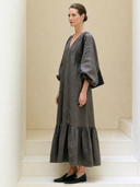 Women's French-style Minimalist Cotton-linen V-neck Lantern-sleeve Loose Maxi Dress ZMZ2413G1ZYY