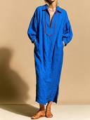 Women's Premium Minimalist Embroidered Neckline And Lantern Sleeves Cotton-Linen Loose Maxi Dress