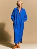 Women's Premium Minimalist Embroidered Neckline And Lantern Sleeves Cotton-Linen Loose Maxi Dress