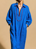 Women's Premium Minimalist Embroidered Neckline And Lantern Sleeves Cotton-Linen Loose Maxi Dress