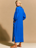 Women's Premium Minimalist Embroidered Neckline And Lantern Sleeves Cotton-Linen Loose Maxi Dress
