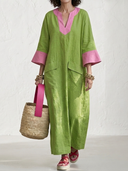 Women's Premium Minimalist Cotton-Linen Patchwork V-Neck Flare-Sleeve Loose Maxi Dress ZMZ2373G8ZYY