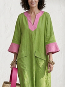 Women's Premium Minimalist Cotton-Linen Patchwork V-Neck Flare-Sleeve Loose Maxi Dress ZMZ2373G8ZYY