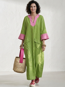 Women's Premium Minimalist Cotton-Linen Patchwork V-Neck Flare-Sleeve Loose Maxi Dress ZMZ2373G8ZYY