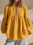 Women's Premium Minimalist Embroidered Details And Loose Lantern Sleeves Cotton-Linen V-Neck Shirt ZMZ2447G8ZYY