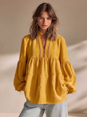 Women's Premium Minimalist Embroidered Details And Loose Lantern Sleeves Cotton-Linen V-Neck Shirt ZMZ2447G8ZYY