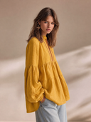 Women's Premium Minimalist Embroidered Details And Loose Lantern Sleeves Cotton-Linen V-Neck Shirt ZMZ2447G8ZYY