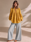 Women's Premium Minimalist Embroidered Details And Loose Lantern Sleeves Cotton-Linen V-Neck Shirt ZMZ2447G8ZYY