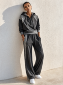 Women's Casual High-Elastic Dark Gray Leopard Print Patchwork Long-Sleeve Sweatshirt And Pants Two-Piece Set ZMZ2705G4SWL