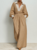 Women's Retro Casual Cotton Lace-Trimmed Long-Sleeved Lapel Maxi Dress ZMZ2750G8ZJY