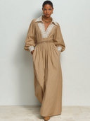 Women's Retro Casual Cotton Lace-Trimmed Long-Sleeved Lapel Maxi Dress ZMZ2750G8ZJY