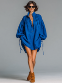 Women's Solid-Color Linen Lantern-Sleeve Shirt Mini Dress ZMZ2254G4XT