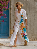 Women's Watercolor Floral Print Long Sleeve Button Down Maxi Shirt Dress