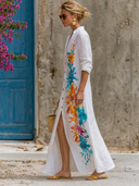 Women's Watercolor Floral Print Long Sleeve Button Down Maxi Shirt Dress