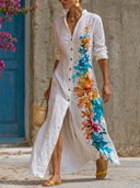 Women's Watercolor Floral Print Long Sleeve Button Down Maxi Shirt Dress