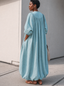 Women's Fashionable Cotton And Linen Three-quarter Sleeve Loose Maxi Dress ZMZ2796G7SWL
