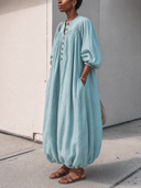 Women's Fashionable Cotton And Linen Three-quarter Sleeve Loose Maxi Dress ZMZ2796G7SWL