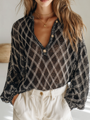 Women's Retro Casual Knitted Hollow-Out Diamond Pattern Button Pullover Sweater ZMZ2721G5ZJY