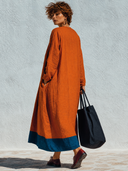 Women's Oversized Linen Color-Block Pintuck Long Sleeve Maxi Dress ZMZ2390G5XT