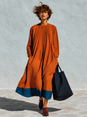 Women's Oversized Linen Color-Block Pintuck Long Sleeve Maxi Dress ZMZ2390G5XT