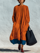 Women's Oversized Linen Color-Block Pintuck Long Sleeve Maxi Dress ZMZ2390G5XT