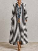 Women's Striped Cotton-Linen Long-Sleeve Shirt Maxi Dress ZMZ2387G1XT