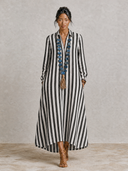 Women's Striped Cotton-Linen Long-Sleeve Shirt Maxi Dress ZMZ2387G1XT
