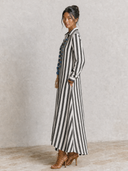 Women's Striped Cotton-Linen Long-Sleeve Shirt Maxi Dress ZMZ2387G1XT