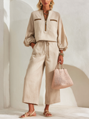 Women's Classic Light Khaki Cotton-Linen Zip-Neck Top And Cropped Wide-Leg Pants Two-Piece Set ZMZ2708G6SWL