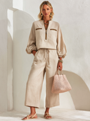Women's Classic Light Khaki Cotton-Linen Zip-Neck Top And Cropped Wide-Leg Pants Two-Piece Set ZMZ2708G6SWL