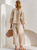 Women's Classic Light Khaki Cotton-Linen Zip-Neck Top And Cropped Wide-Leg Pants Two-Piece Set ZMZ2708G6SWL
